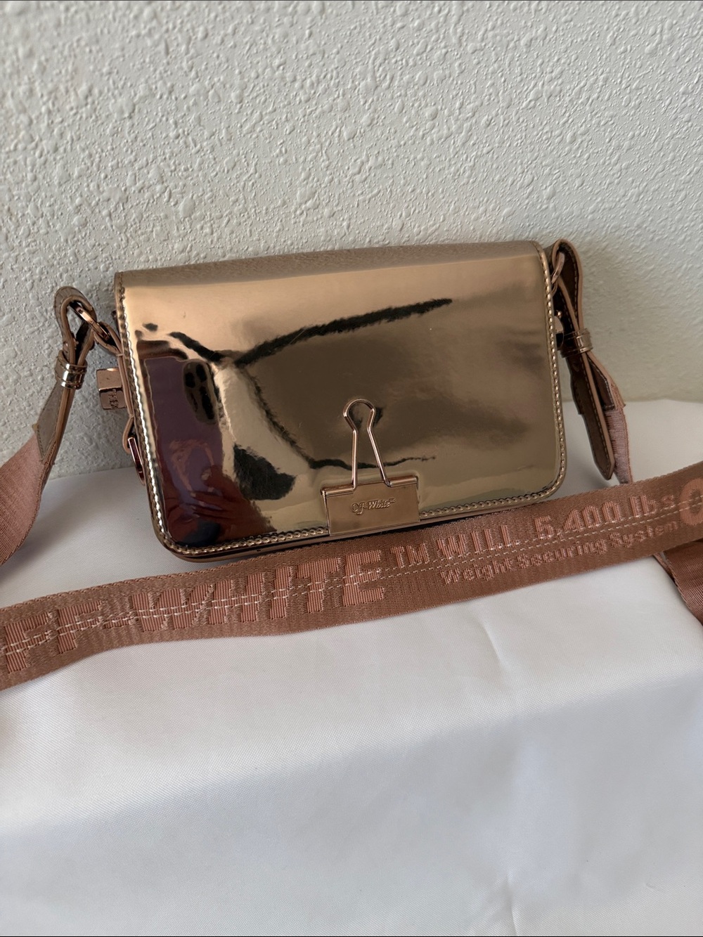 Off-White Binder Clip Metallic Rose Gold Crossbody Shoulder Bag